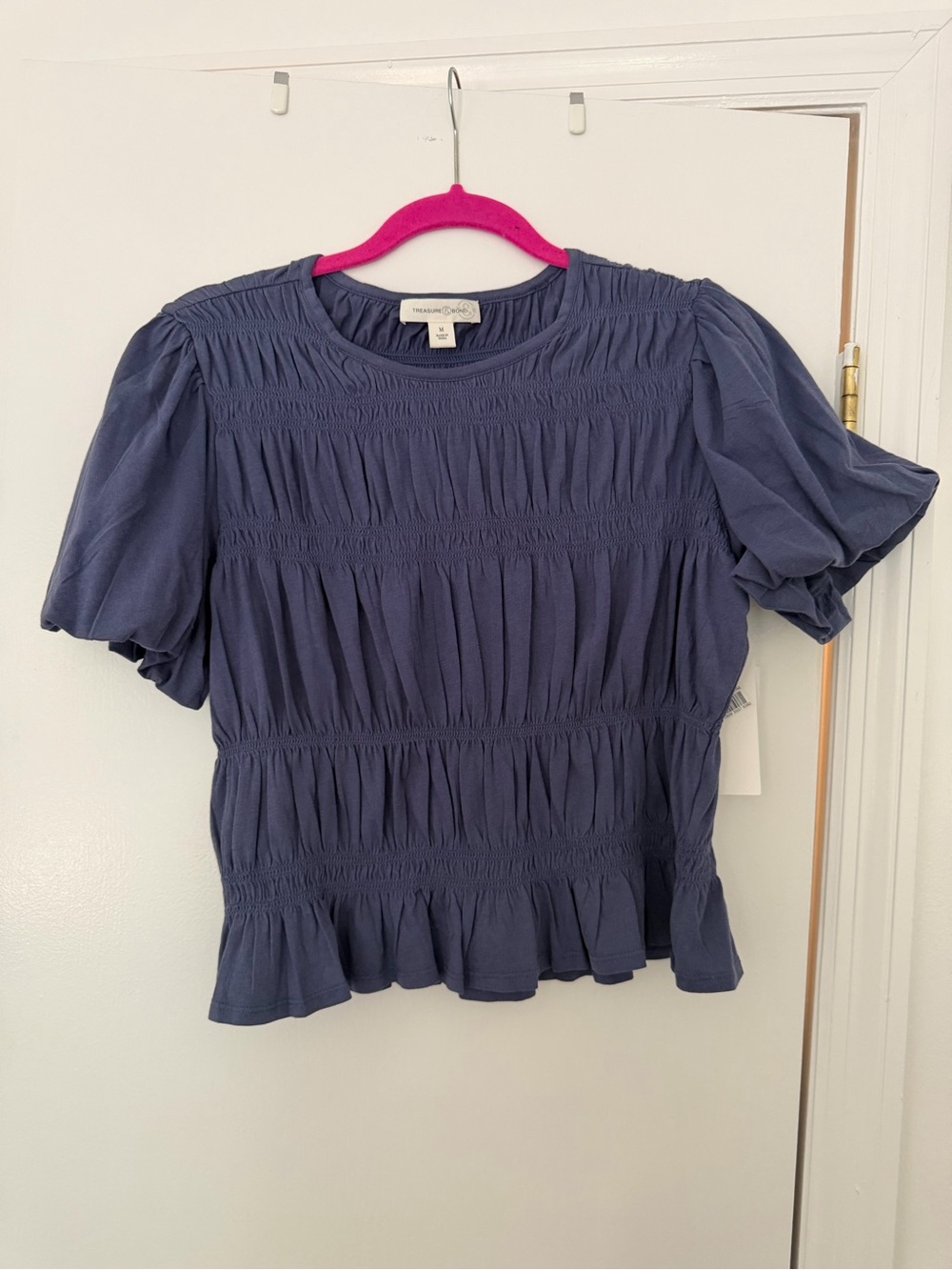 Treasure & Bond Navy Smocked Puff Sleeve Blouse